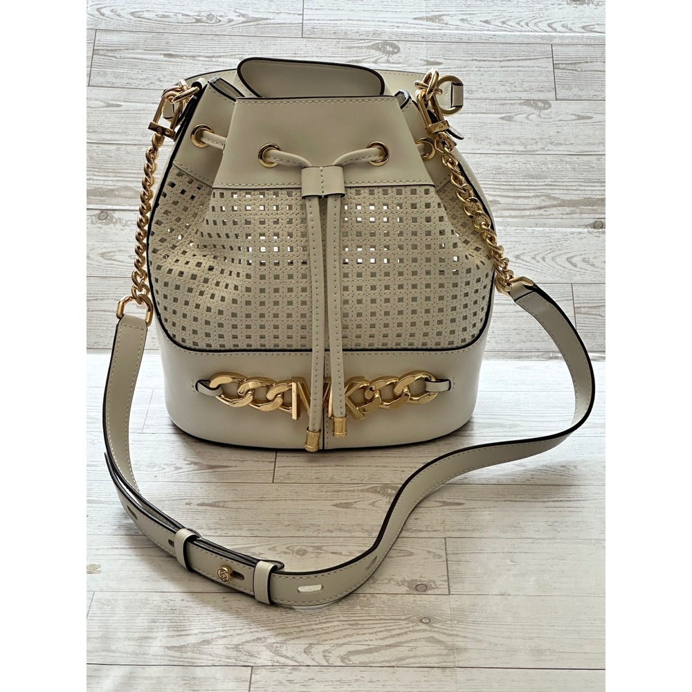Michael Kors Devon Bucket Bag White Leather Y2K Designer Femme McBling Crossbody